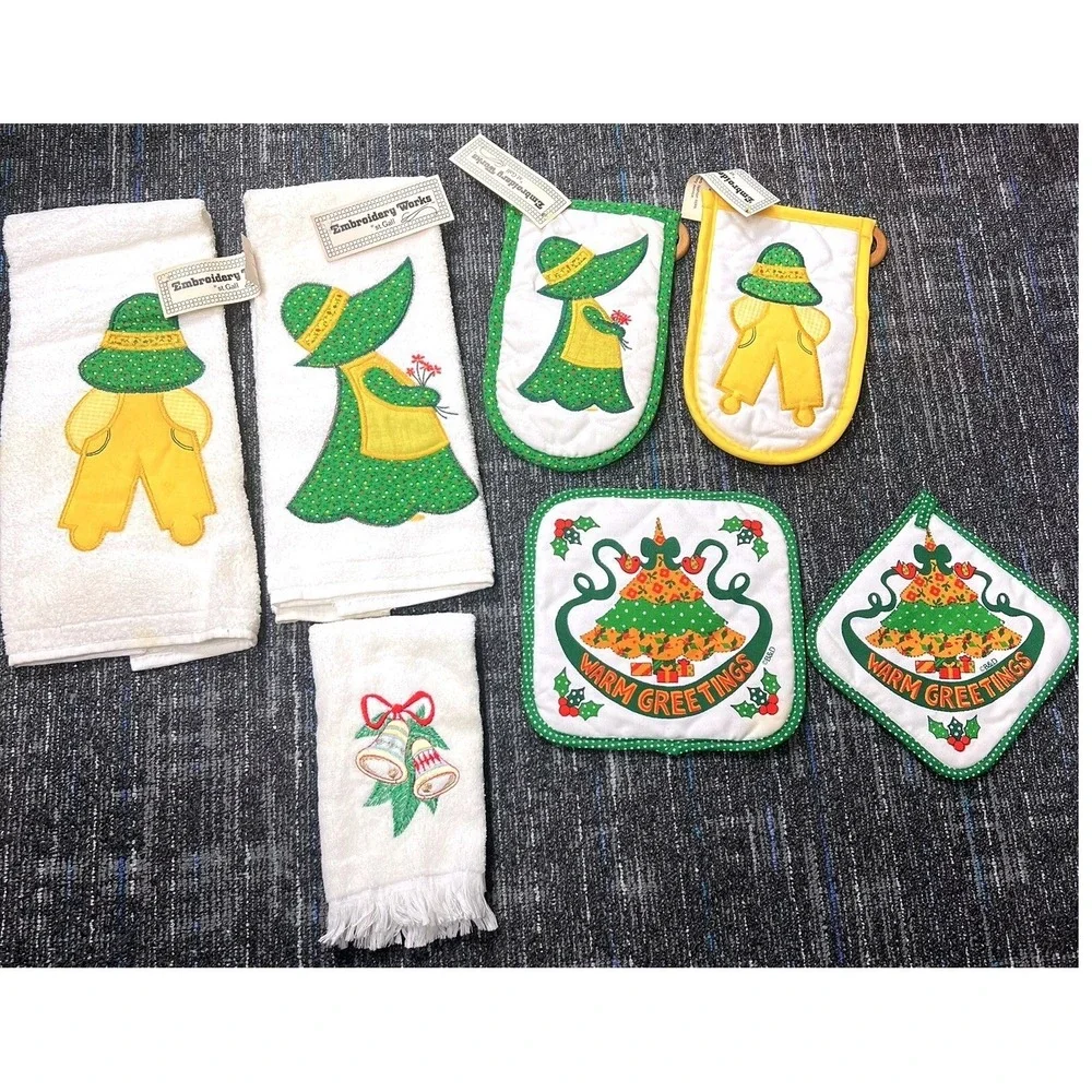 Vtg CANNON  kitchen towel Sugar & Spice Farmer & Sun Bonnet Oven Mitt Pot Holder